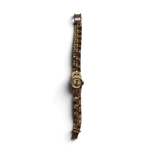 Vintage Seiko 11-0549 ladies' manual wind watch, full view on its sculptural gold-tone bracelet