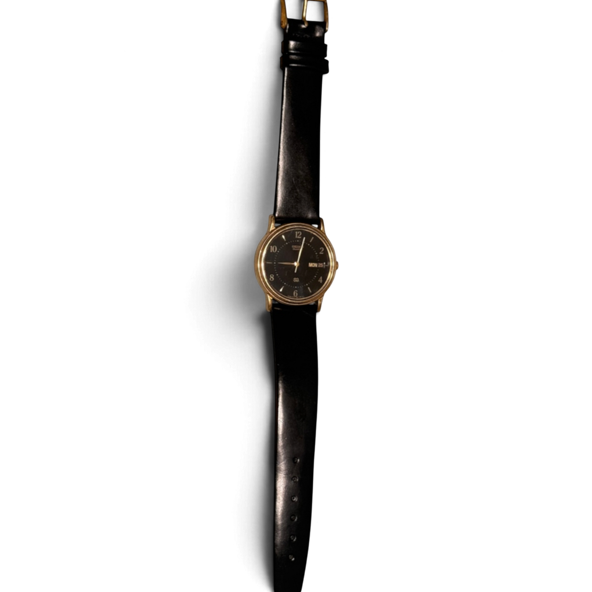 Vista completa del Seiko SQ 5H23-6280 vintage de cuarzo, con su correa de cuero negro