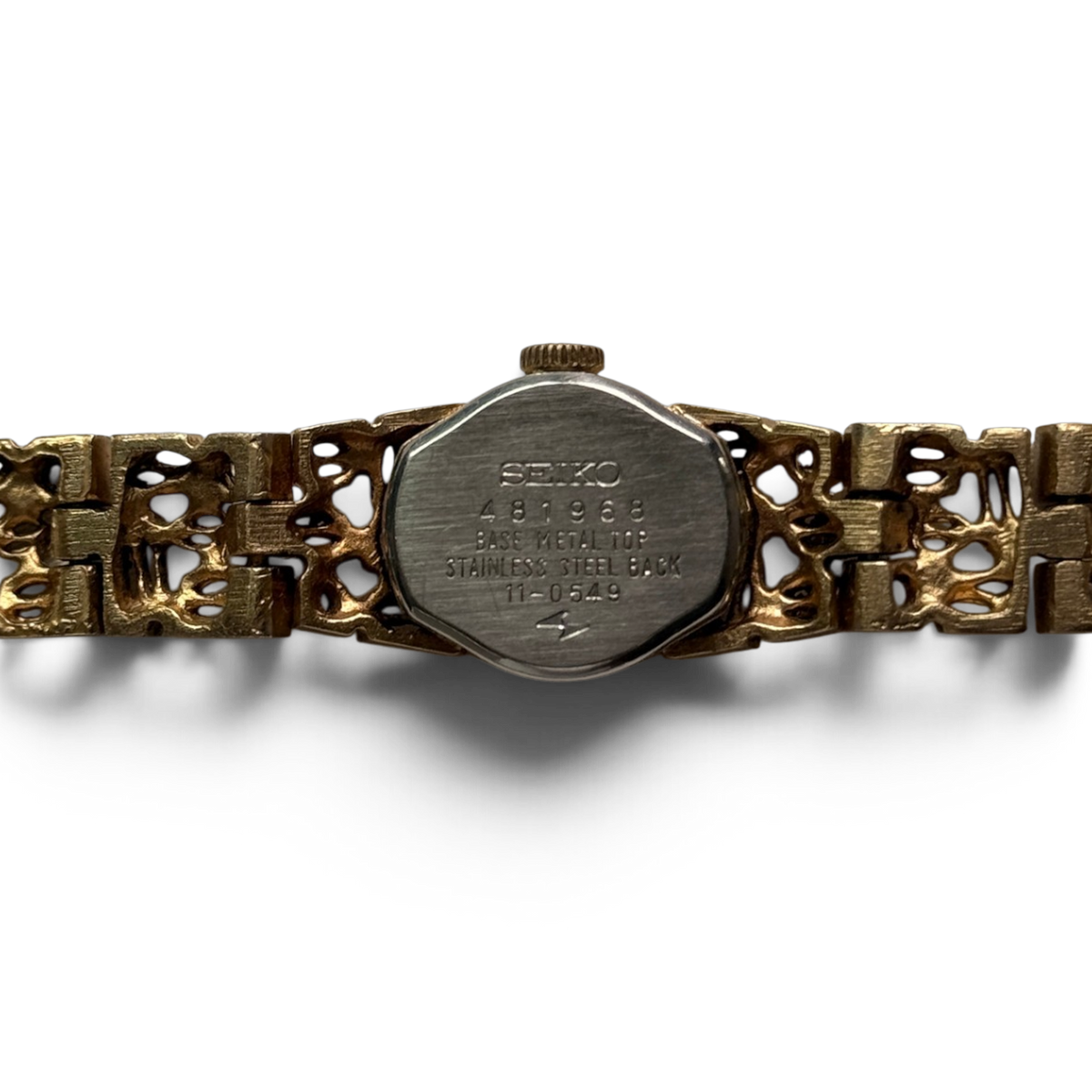 Caseback of the Seiko 11-0549 marked Seiko, 481968, Base Metal Top, Stainless Steel Back