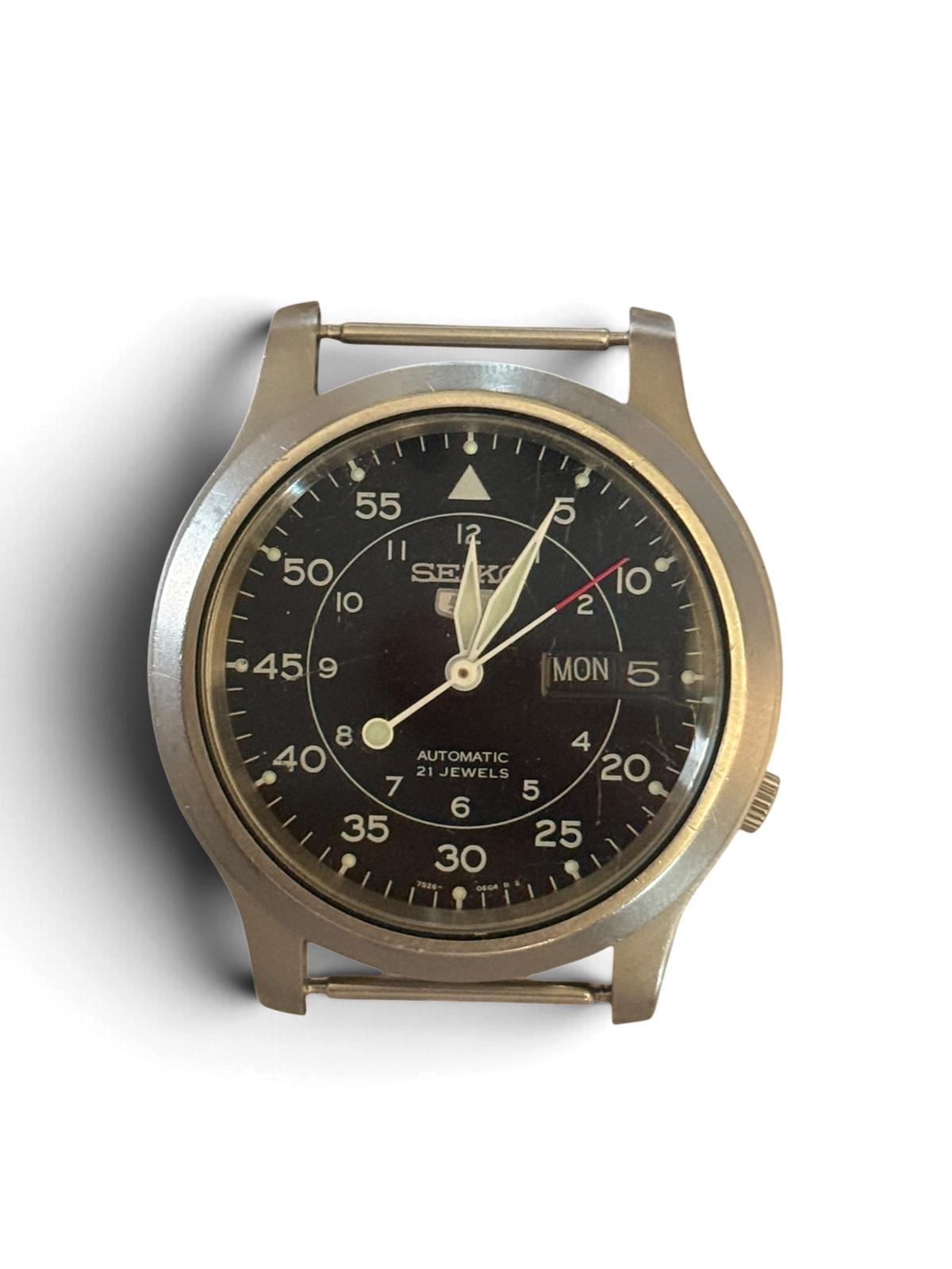 Seiko 5 SNK809 watch head with black military dial, day and date at 3 o'clock