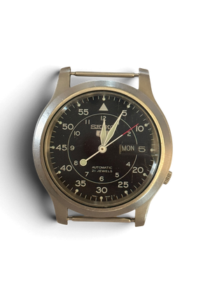 Seiko 5 SNK809 watch head with black military dial, day and date at 3 o'clock