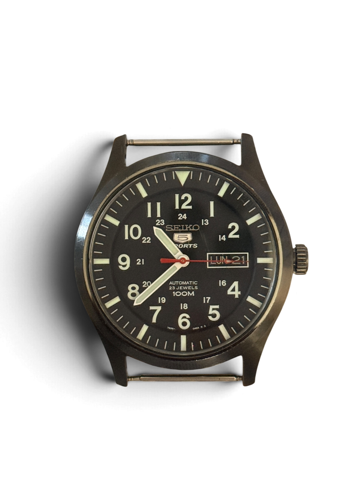 Seiko 5 Sports SNZG17 watch head with gunmetal coated case and black military dial