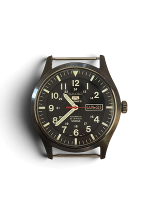 Seiko 5 Sports SNZG17 watch head with gunmetal coated case and black military dial