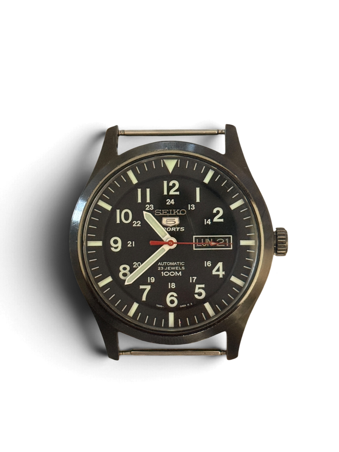 Seiko 5 Sports SNZG17 watch head with gunmetal coated case and black military dial