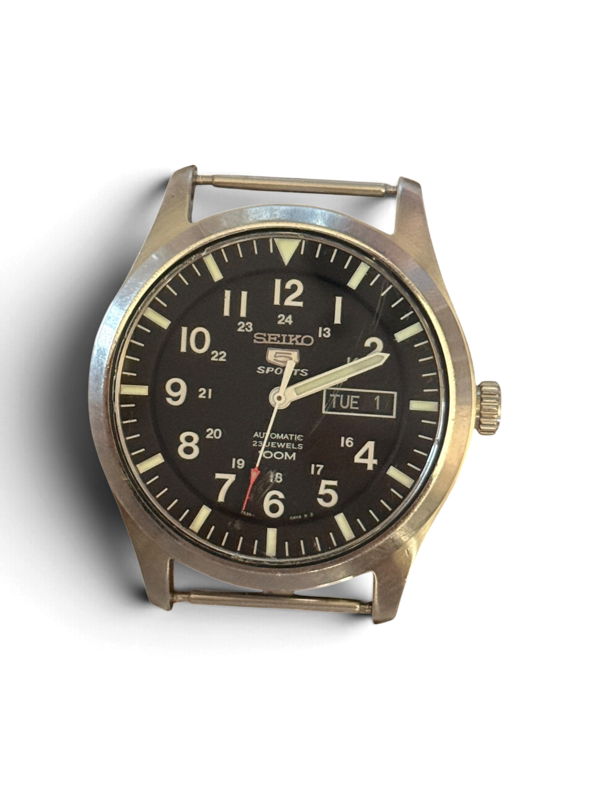 Seiko 5 Sports SNZG15 watch head with steel case and black military dial