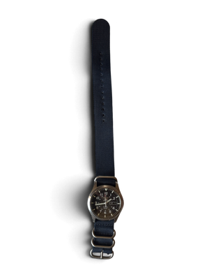 Seiko 5 Sports SNZG15 on the navy nylon zulu strap it ships with